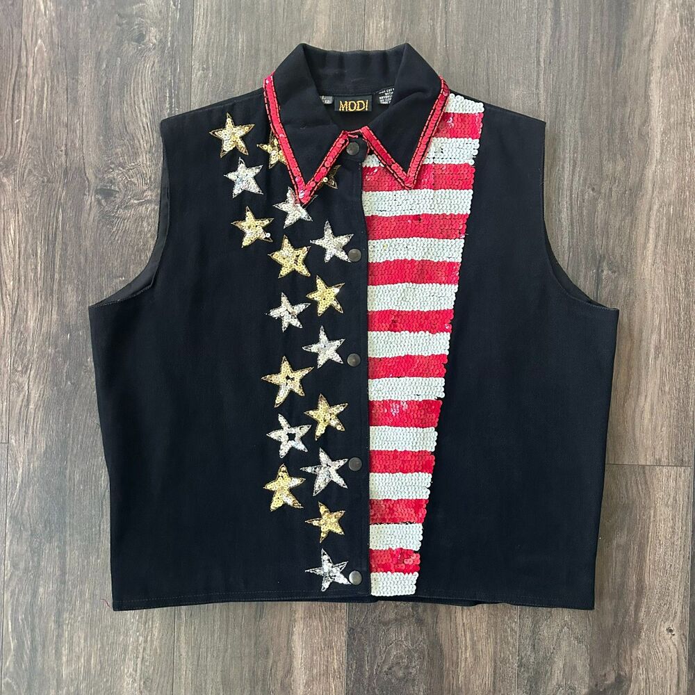 MODI USA Eagle Vest Biker Sleeveless Jacket Snap Button Up Collared Womens Large
